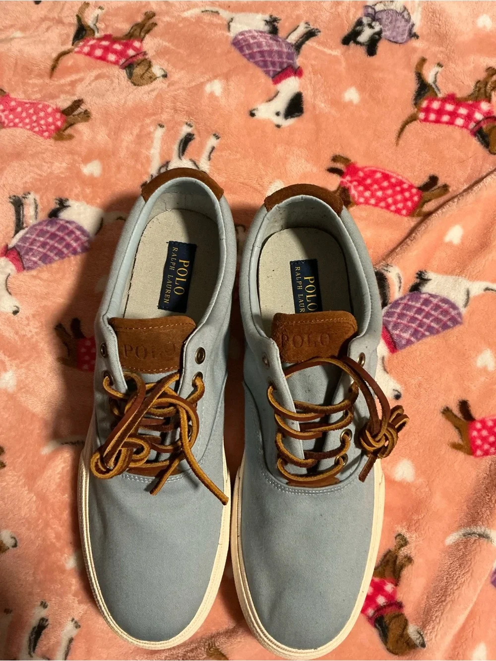 Polo by Ralph Lauren Men’s Light Blue Canvas Boat Shoes with Brown Trim